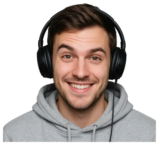 Young adult man in a grey hoodie wearing black headphones, smiling with a raised eyebrow