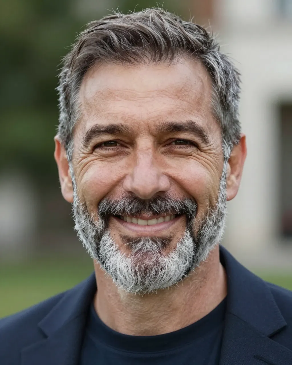 Headshot portrait of a smiling man in his fifties with a gray beard outside in natural light