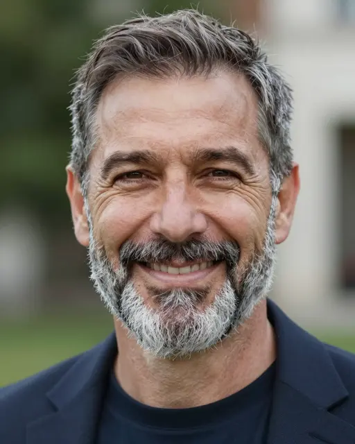 Headshot portrait of a smiling man in his fifties with a gray beard outside in natural light