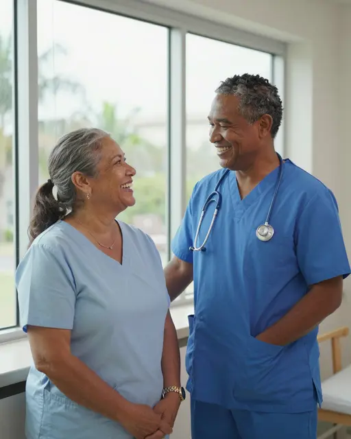 Two healthcare workers laugh and look at each other beside a bright hospital ward window