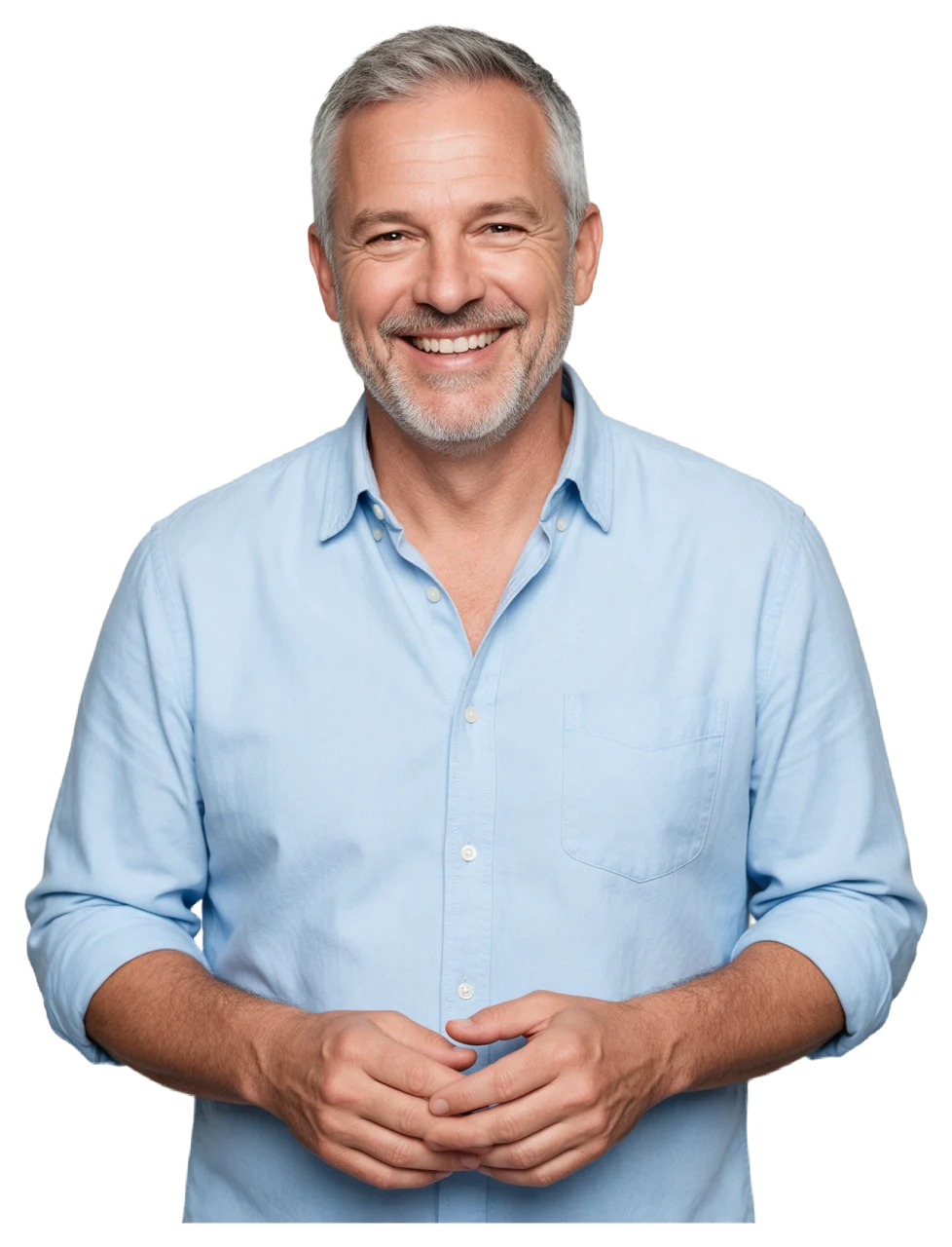 Middle aged man with grey hair and beard smiling warmly while wearing a light blue shirt