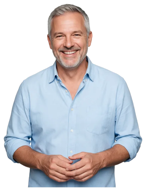 Middle aged man with grey hair and beard smiling warmly while wearing a light blue shirt