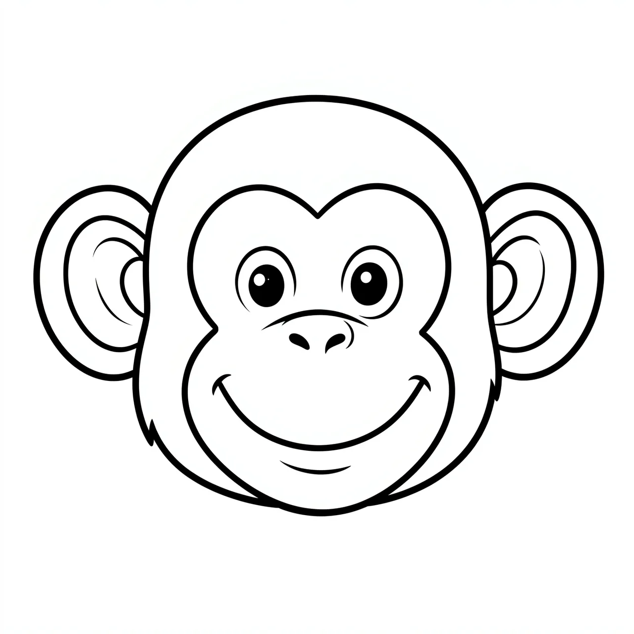 Black and white bold line art of a smiling monkey face with large round ears on a plain white background