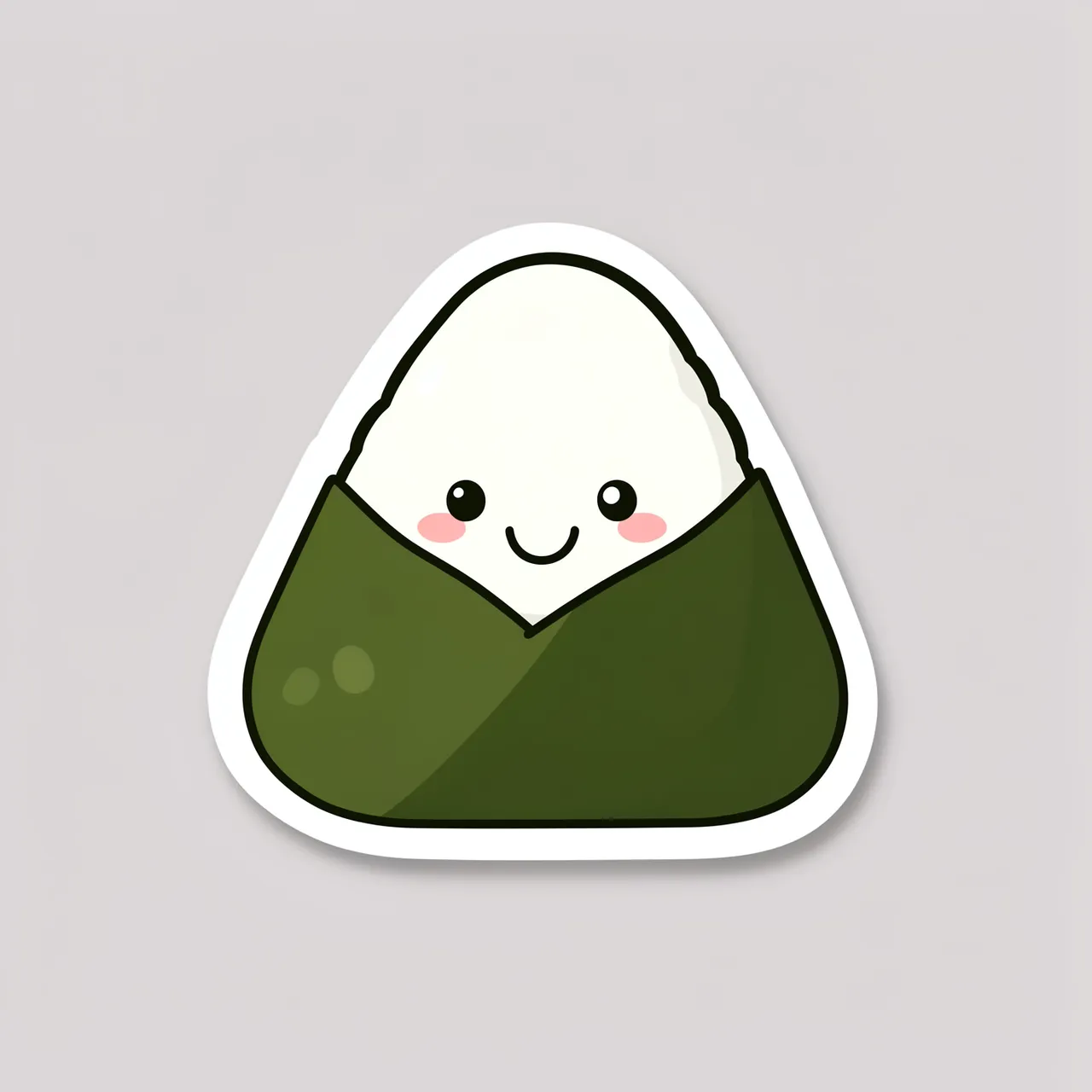 A cute cartoon smiling onigiri die-cut sticker with a thick white border sits on a light gray background
