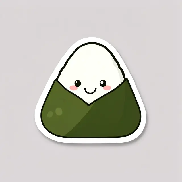 A cute cartoon smiling onigiri die-cut sticker with a thick white border sits on a light gray background