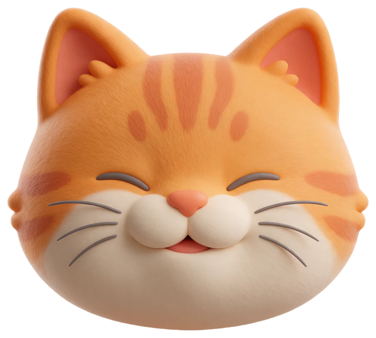 Chubby closed-eye orange tabby cat head with white cheeks, smiling cheerfully