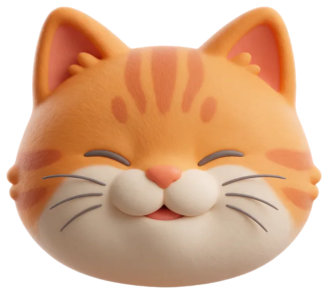 Chubby closed-eye orange tabby cat head with white cheeks, smiling cheerfully