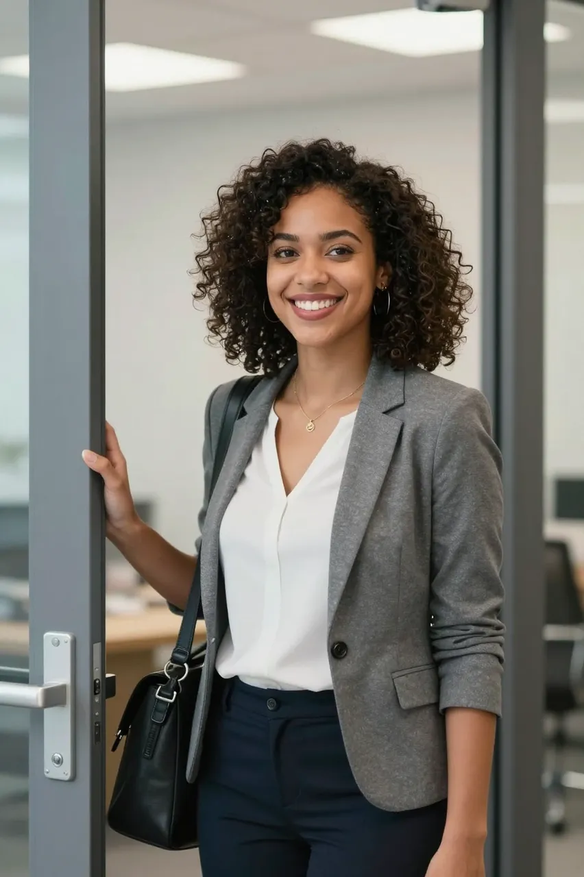 Cheerful mixed-race businesswoman stands at a glass office door carrying a leather shoulder bag