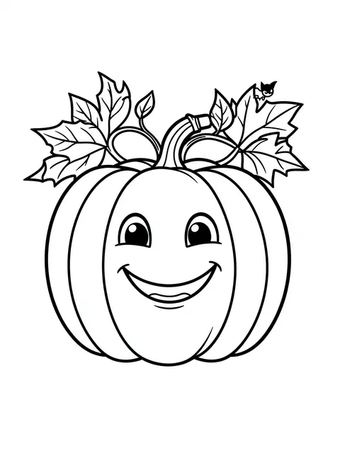 Bold black and white line art of a smiling cartoon pumpkin with vine leaves and a tiny bat perched on an upper leaf