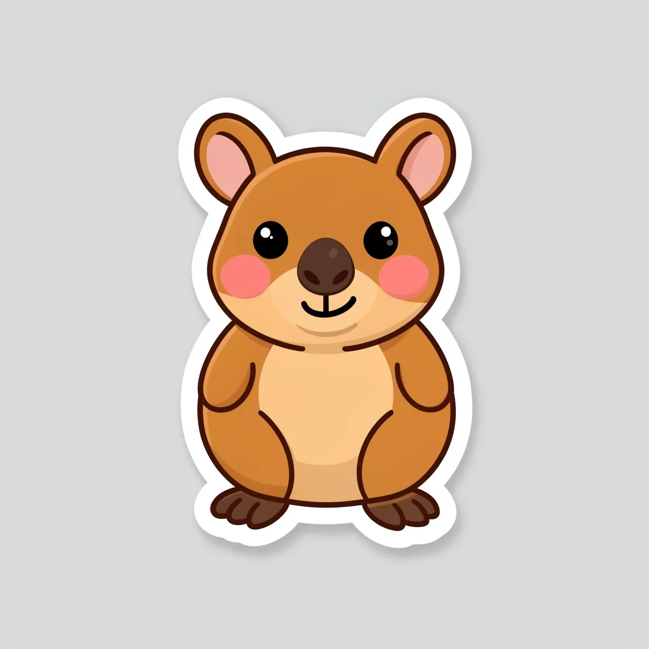 Cute flat illustration of a smiling quokka sticker with a thick white border on a light gray background