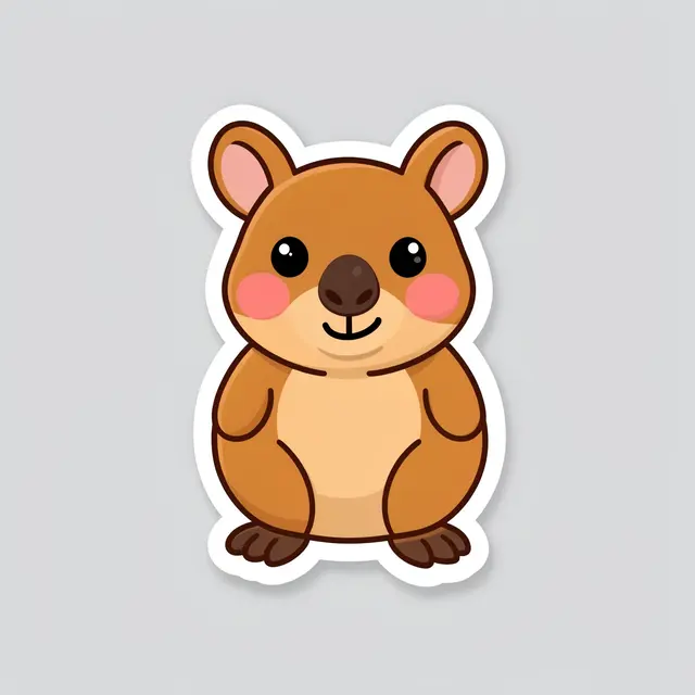 Cute flat illustration of a smiling quokka sticker with a thick white border on a light gray background