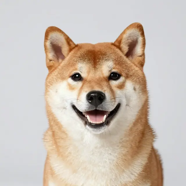 A close-up head portrait of a smiling red Shiba Inu against a pale gray studio backdrop