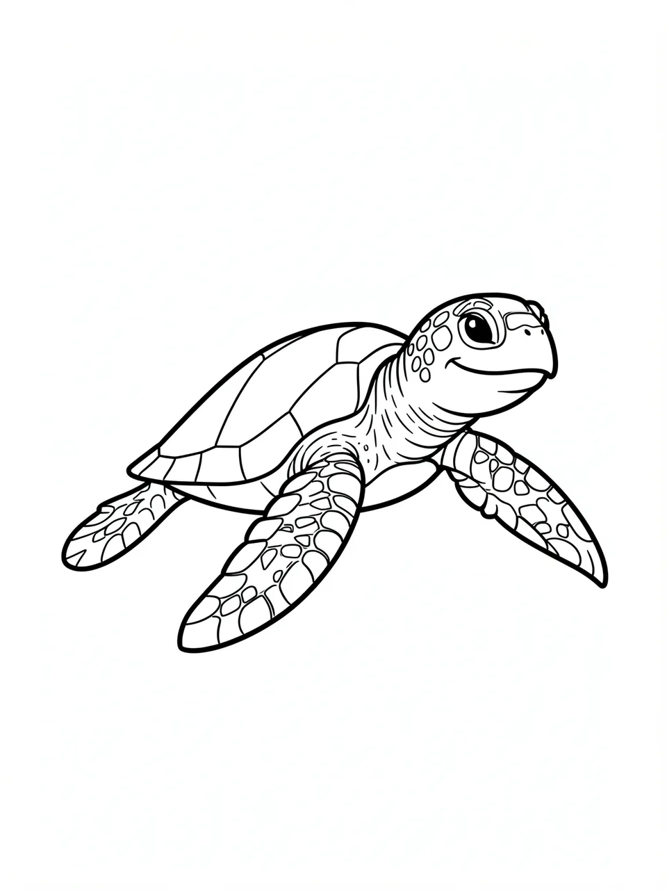 Bold black and white line art of a smiling cartoon sea turtle on a plain white background