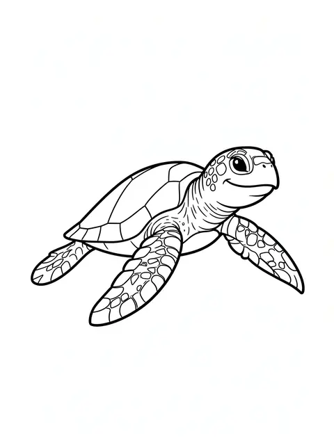 Bold black and white line art of a smiling cartoon sea turtle on a plain white background