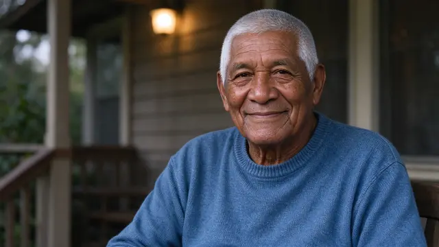 Senior Indigenous man in a blue sweater sits on a home porch with a gentle smile under soft warm light