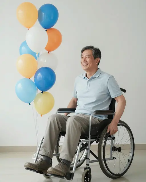 A smiling East Asian man in his fifties sits in a wheelchair next to a bunch of colorful party balloons in a bright plain
