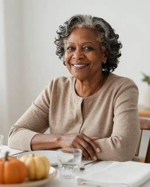Smiling senior Black woman in her seventies sits at a Thanksgiving table with decorative mini pumpkins.