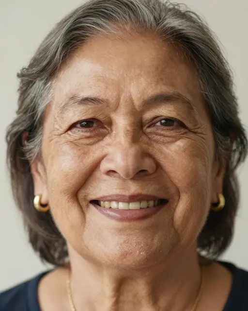 Close-up portrait of an elderly Latina woman with a warm gentle smile and gold hoop earrings.