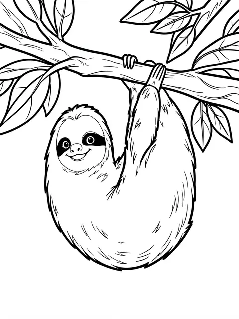 Black and white line art of a smiling sloth hanging from a leafy tree branch on a plain white background
