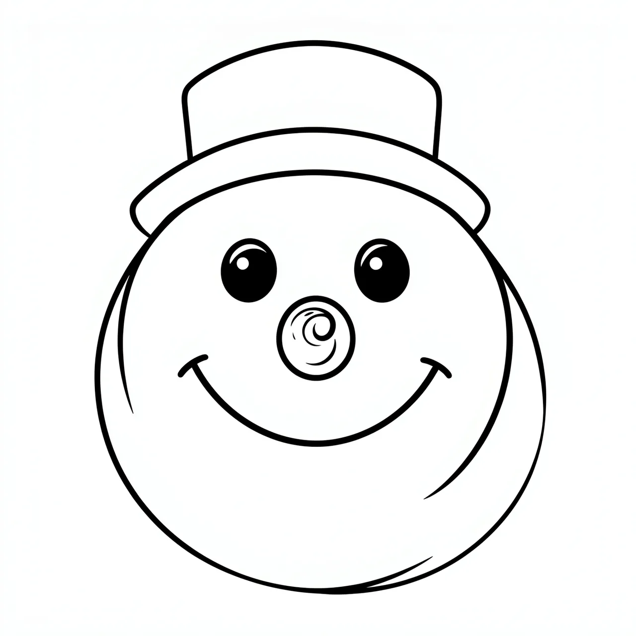 Black and white line art of a smiling snowman face wearing a top hat on a plain white background