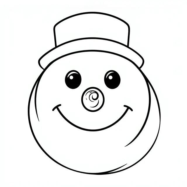 Black and white line art of a smiling snowman face wearing a top hat on a plain white background
