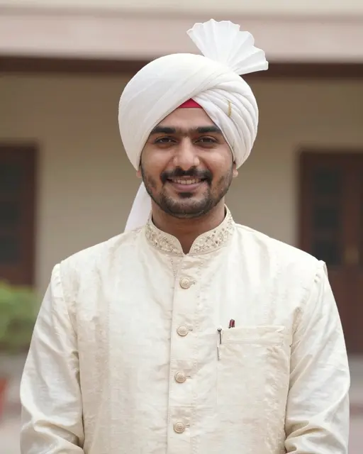 A smiling South Asian groom in a cream sherwani and turban stands in a sunlit outdoor courtyard.