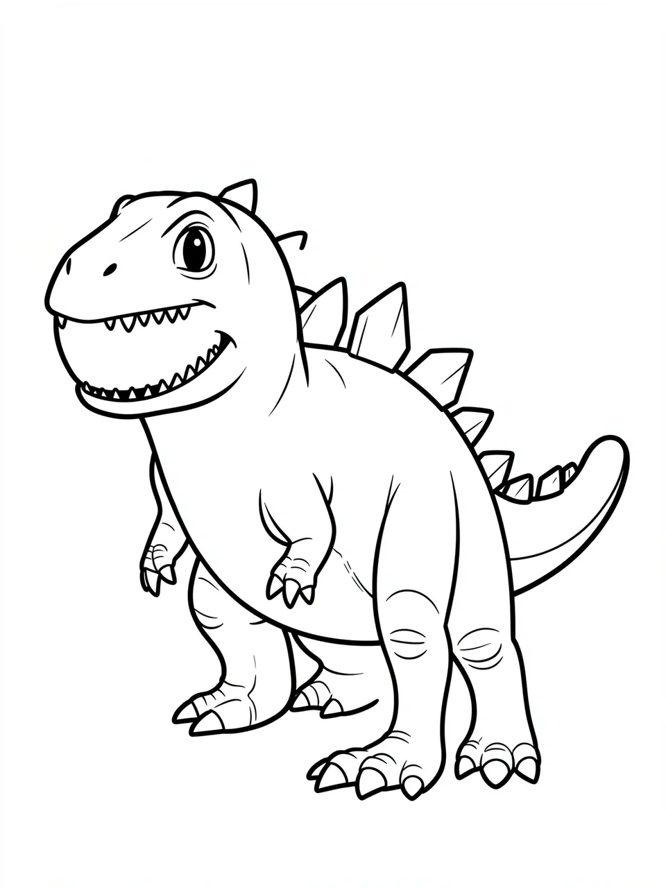 Bold black and white line art of a smiling cartoon spiked dinosaur on a plain white background