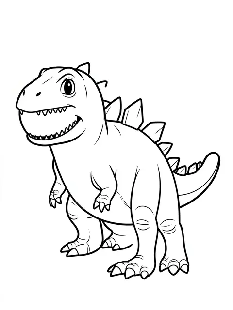 Bold black and white line art of a smiling cartoon spiked dinosaur on a plain white background