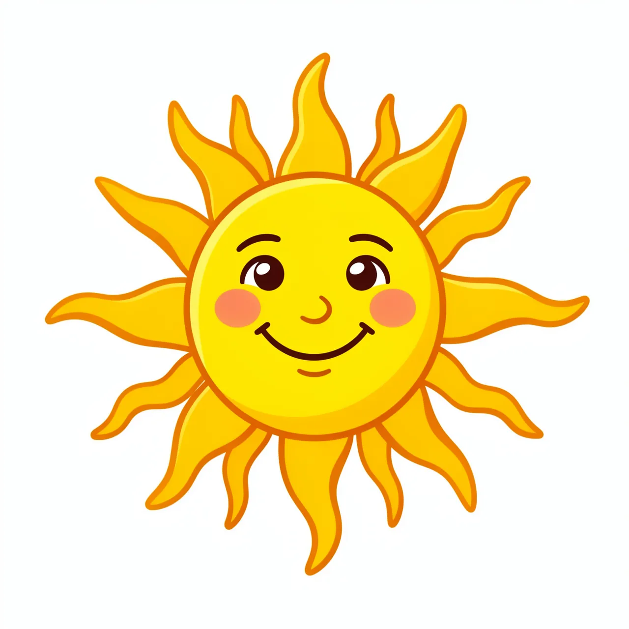 Cute smiling cartoon sun with wavy rays isolated on a plain white background