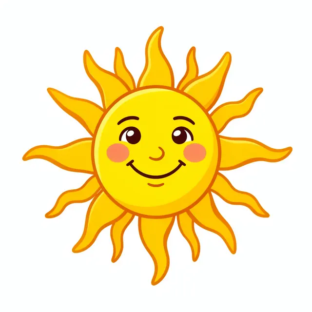Cute smiling cartoon sun with wavy rays isolated on a plain white background