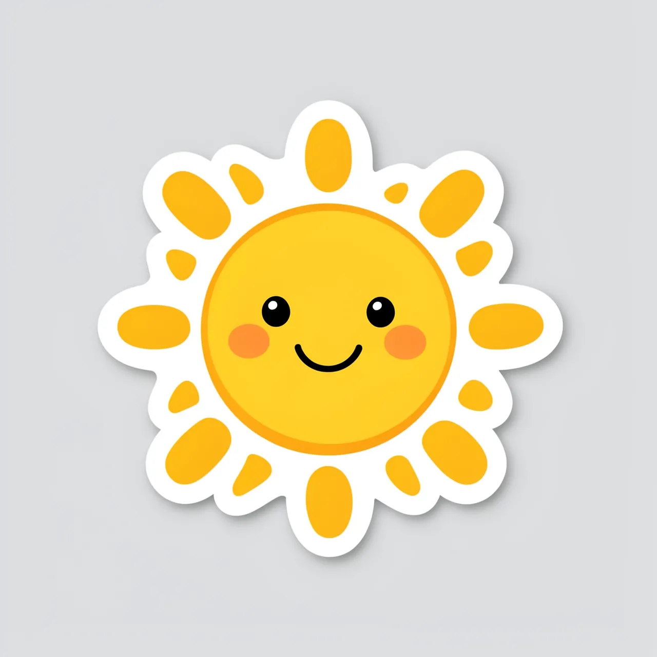 Cute cartoon smiling sun sticker with a thick white border sits on a light gray background