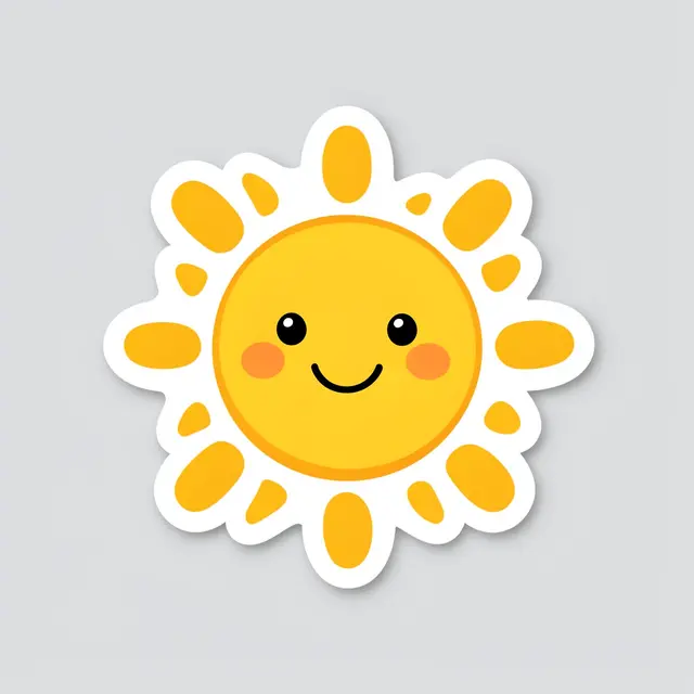 Cute cartoon smiling sun sticker with a thick white border sits on a light gray background