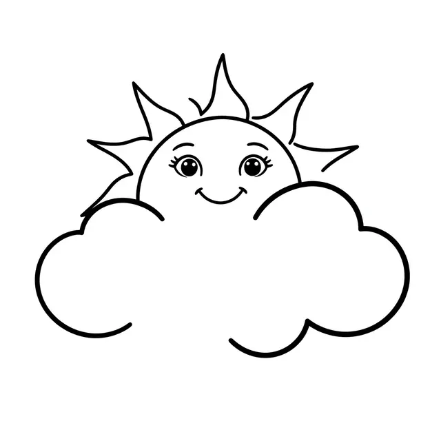 Black and white line art of a cheerful cartoon sun peeking over a fluffy cloud on a plain white background