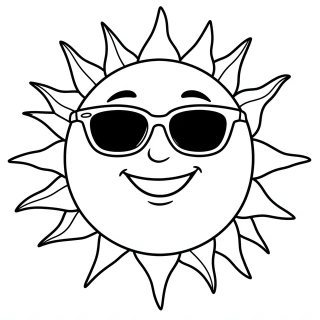 Black and white bold line art of a smiling cartoon sun wearing sunglasses on a plain white background