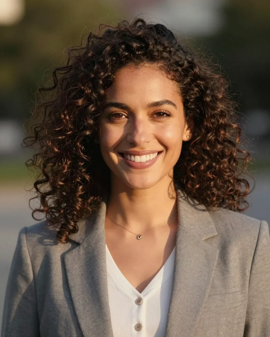 A smiling woman in her thirties with curly hair stands outdoors in warm golden hour light