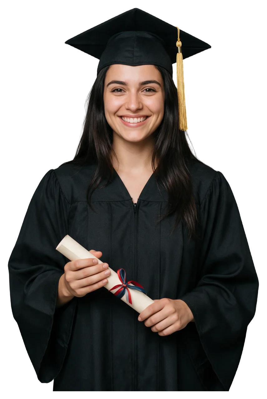 Happy young woman in graduation cap and gown holds a rolled diploma and smiles at the camera