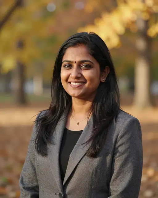 Portrait of a smiling South Asian woman in her thirties standing in an autumn park at golden hour