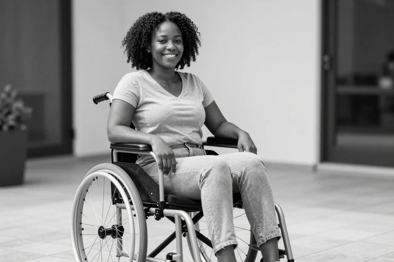 Black and white portrait of a smiling woman in her thirties seated in a wheelchair on a sunlit tiled terrace.