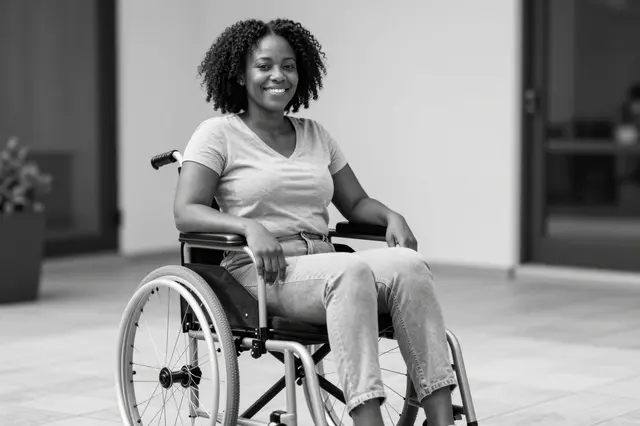 Black and white portrait of a smiling woman in her thirties seated in a wheelchair on a sunlit tiled terrace.