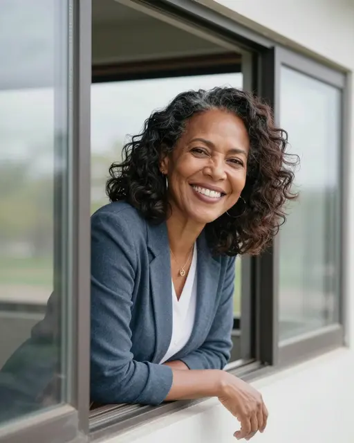 Mixed-race woman in her forties leans out an open window with a wide happy smile on a soft daytime morning