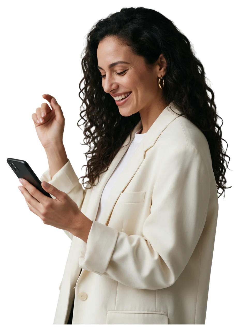 A woman in an oversized cream blazer smiles while looking down at the smartphone she holds.