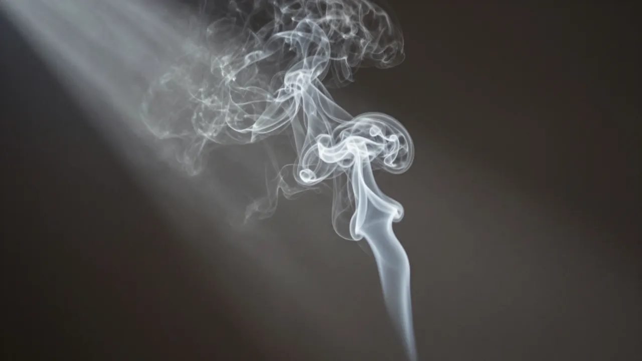 Wispy white smoke curls through a diagonal shaft of light against a dark muted background