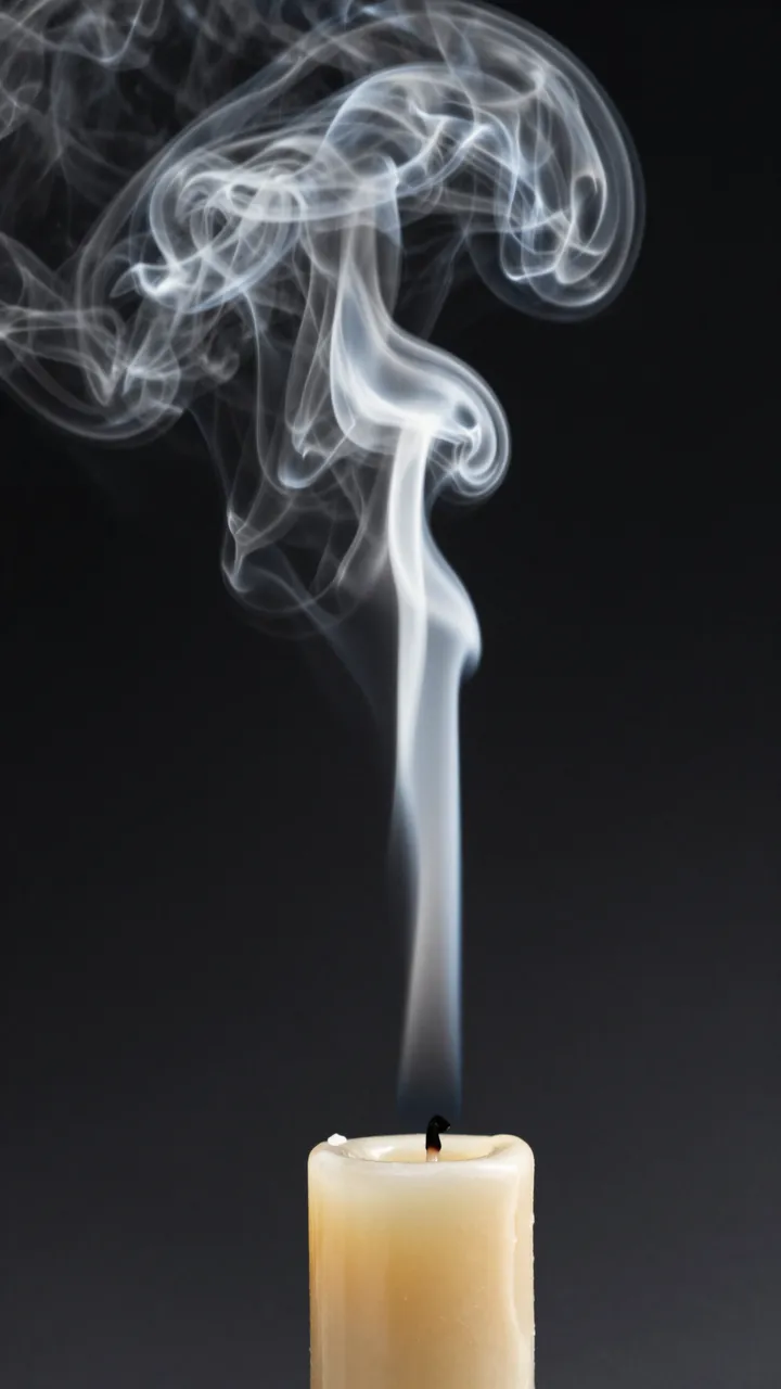 Delicate curling wispy smoke rises from the wick of an extinguished pale candle against a dark black background.