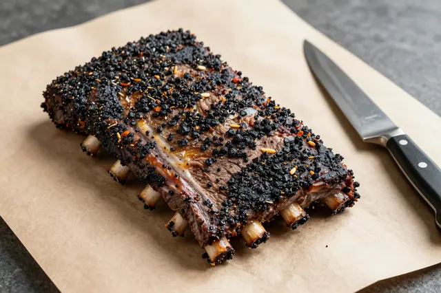 Pepper crusted smoked beef short ribs sit next to a chef knife on brown butcher paper