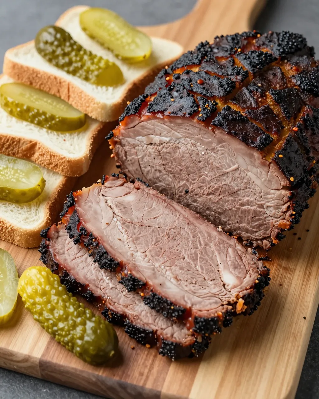 Sliced smoked brisket, white bread, and pickles arranged on a wooden butcher board