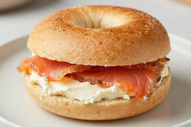 A close-up of a bagel sandwich filled with cream cheese and smoked salmon on a light ceramic plate