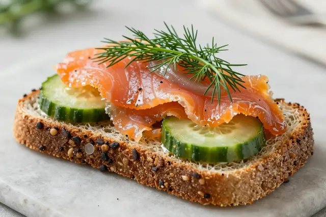 Close-up of an open-faced rye sandwich topped with smoked salmon, cucumber slices and fresh dill