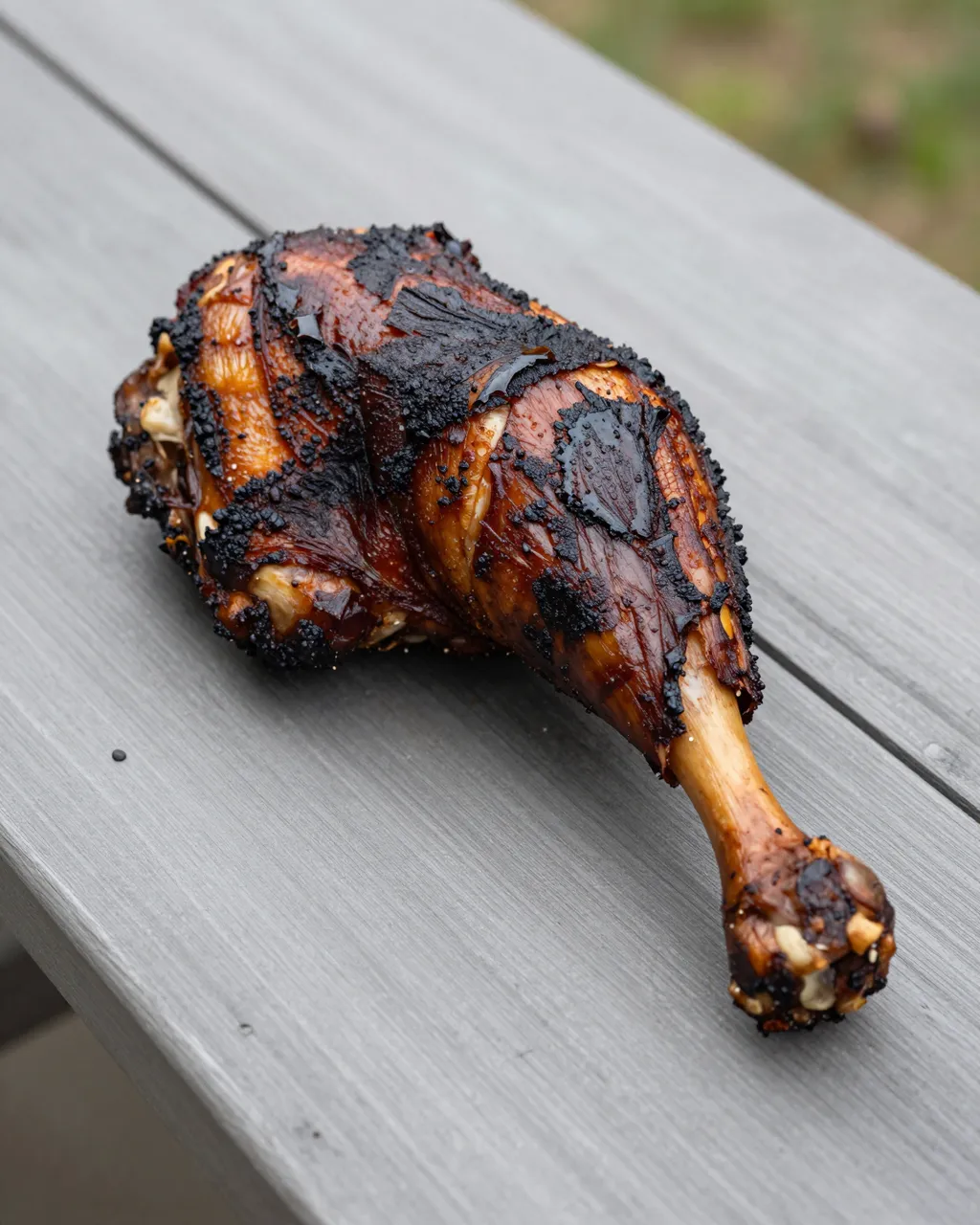 A single charred crispy smoked turkey leg rests on a gray wooden picnic table outdoors.