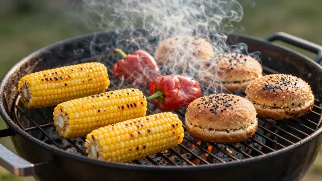 Grilled corn, red peppers and burger buns smoke over hot coals on a backyard barbecue at golden hour