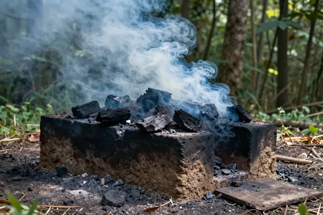 A rough earth charcoal kiln emits wispy blue-tinged smoke in a sun-dappled forest clearing